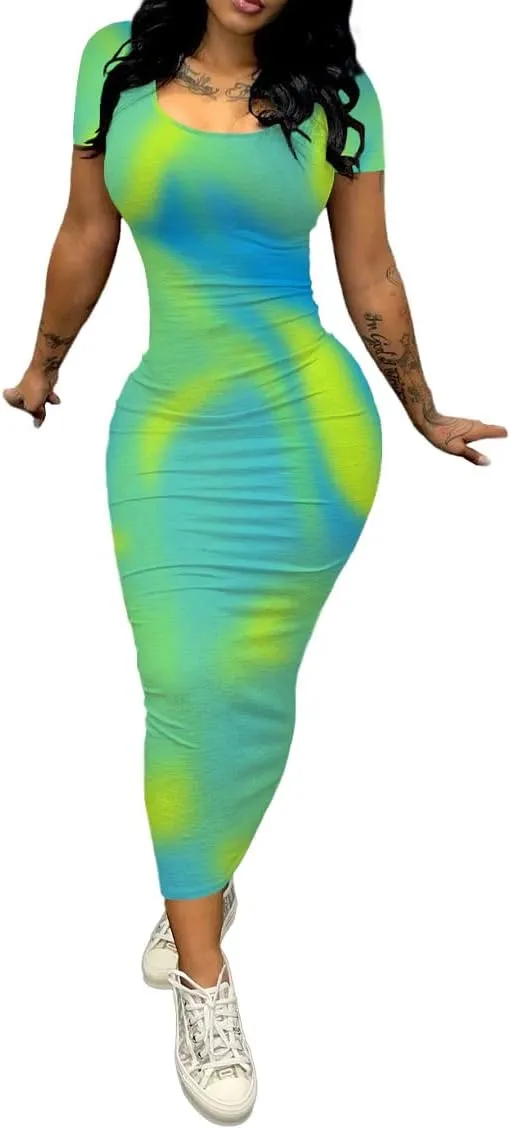 PINSV Women's Casual Bodycon Maxi Dress Summer Scoop Neck Short Sleeve Long Fitted Dresses Club Party