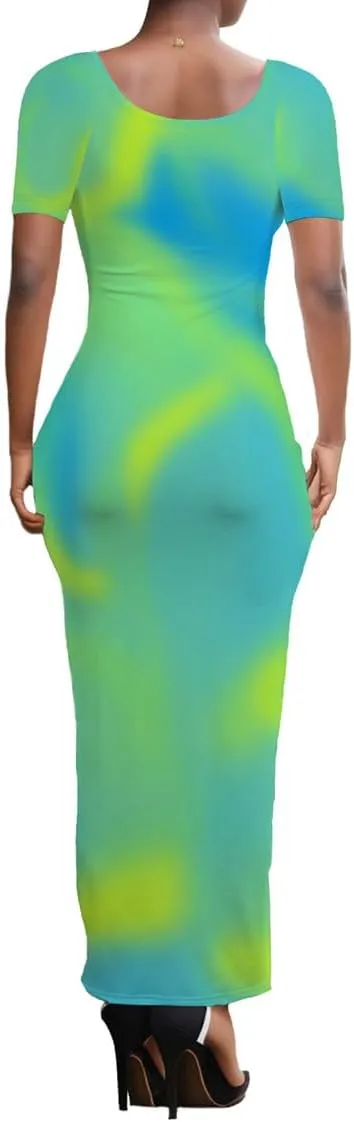 PINSV Women's Casual Bodycon Maxi Dress Summer Scoop Neck Short Sleeve Long Fitted Dresses Club Party