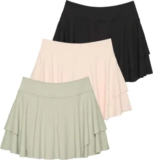 Real Essentials 3 Pack: Women's 14" Layered Ruffle Flowy Tennis Golf Skorts Pockets Pleated Mini Skirt Athletic Liner Shorts