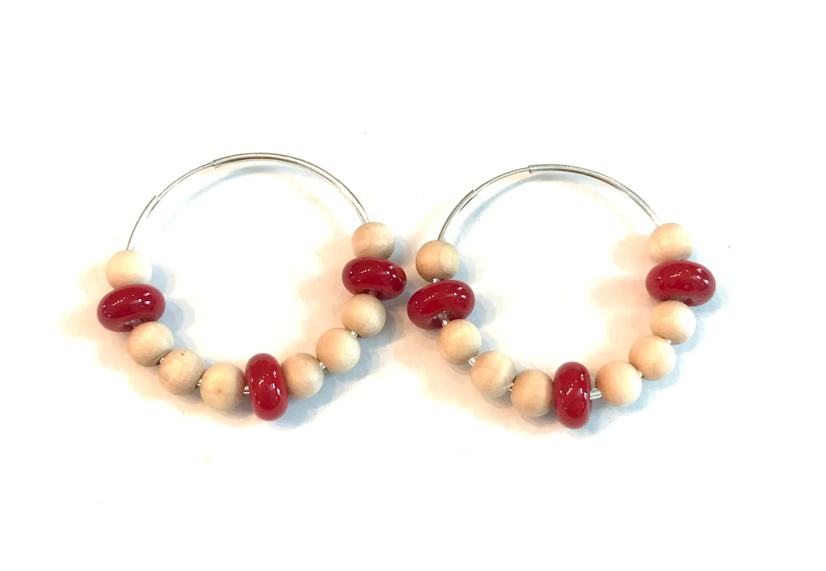 Red And Wood Beaded Hoop Earrings