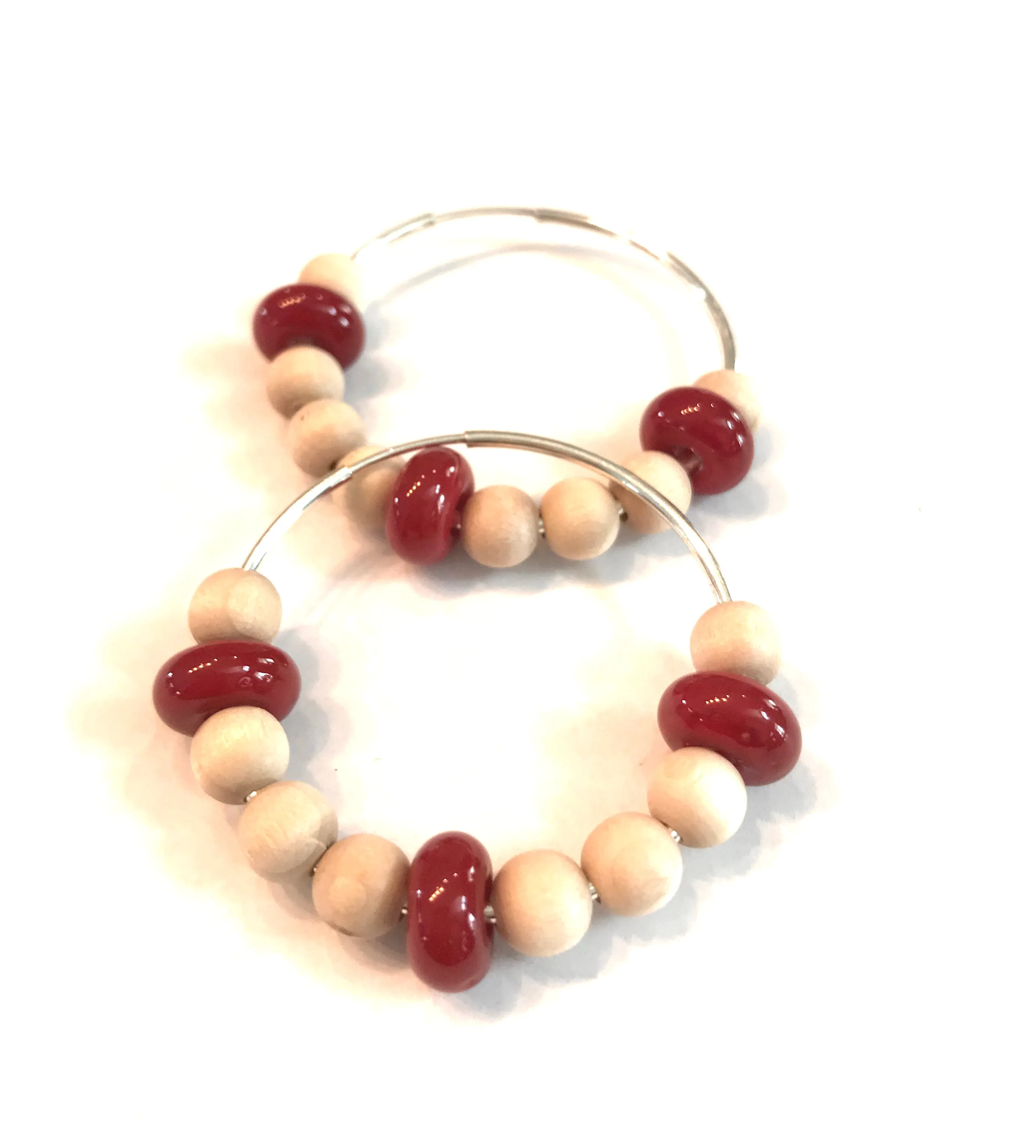 Red And Wood Beaded Hoop Earrings