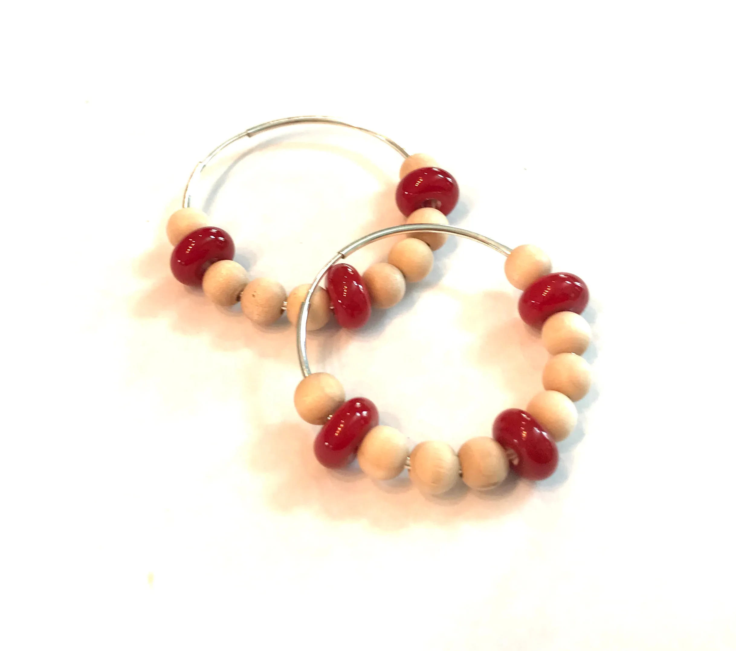 Red And Wood Beaded Hoop Earrings