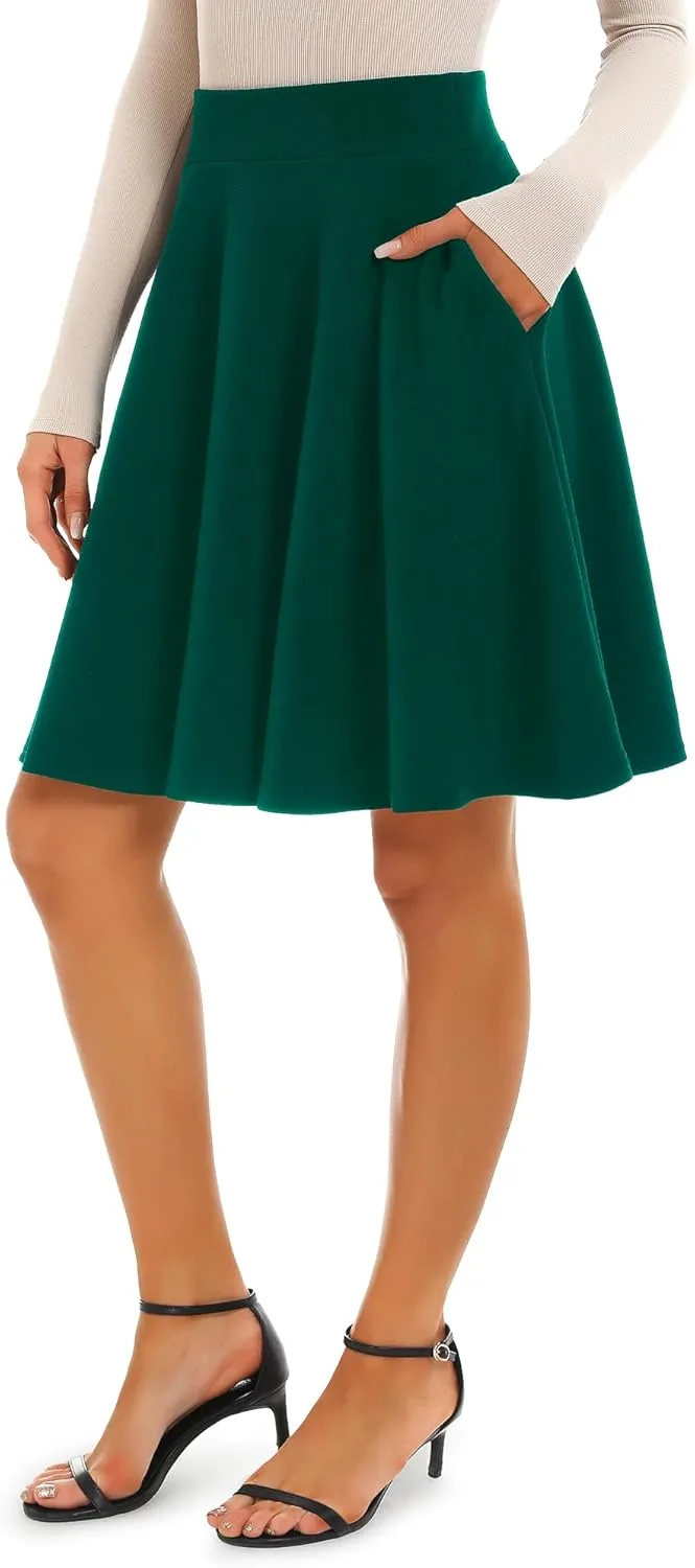 Stelle Women's 20" Knee Length Skirts with Pockets Casual Basic Midi Skirt Stretchy A-Line Skater Flared Pleated