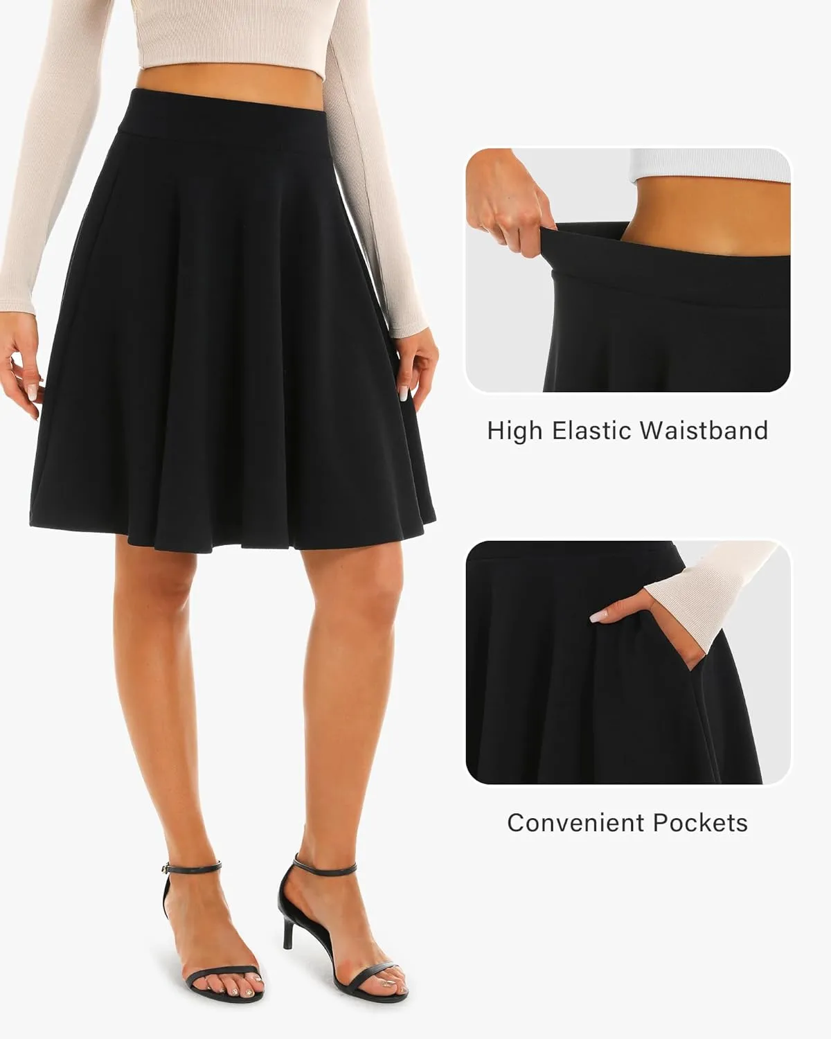 Stelle Women's 20" Knee Length Skirts with Pockets Casual Basic Midi Skirt Stretchy A-Line Skater Flared Pleated