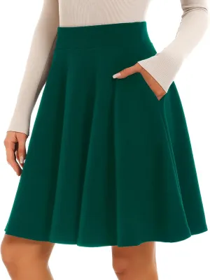 Stelle Women's 20" Knee Length Skirts with Pockets Casual Basic Midi Skirt Stretchy A-Line Skater Flared Pleated