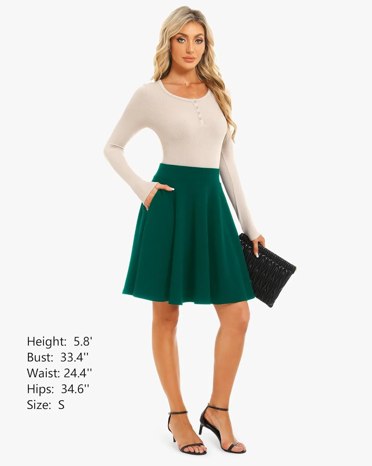Stelle Women's 20" Knee Length Skirts with Pockets Casual Basic Midi Skirt Stretchy A-Line Skater Flared Pleated