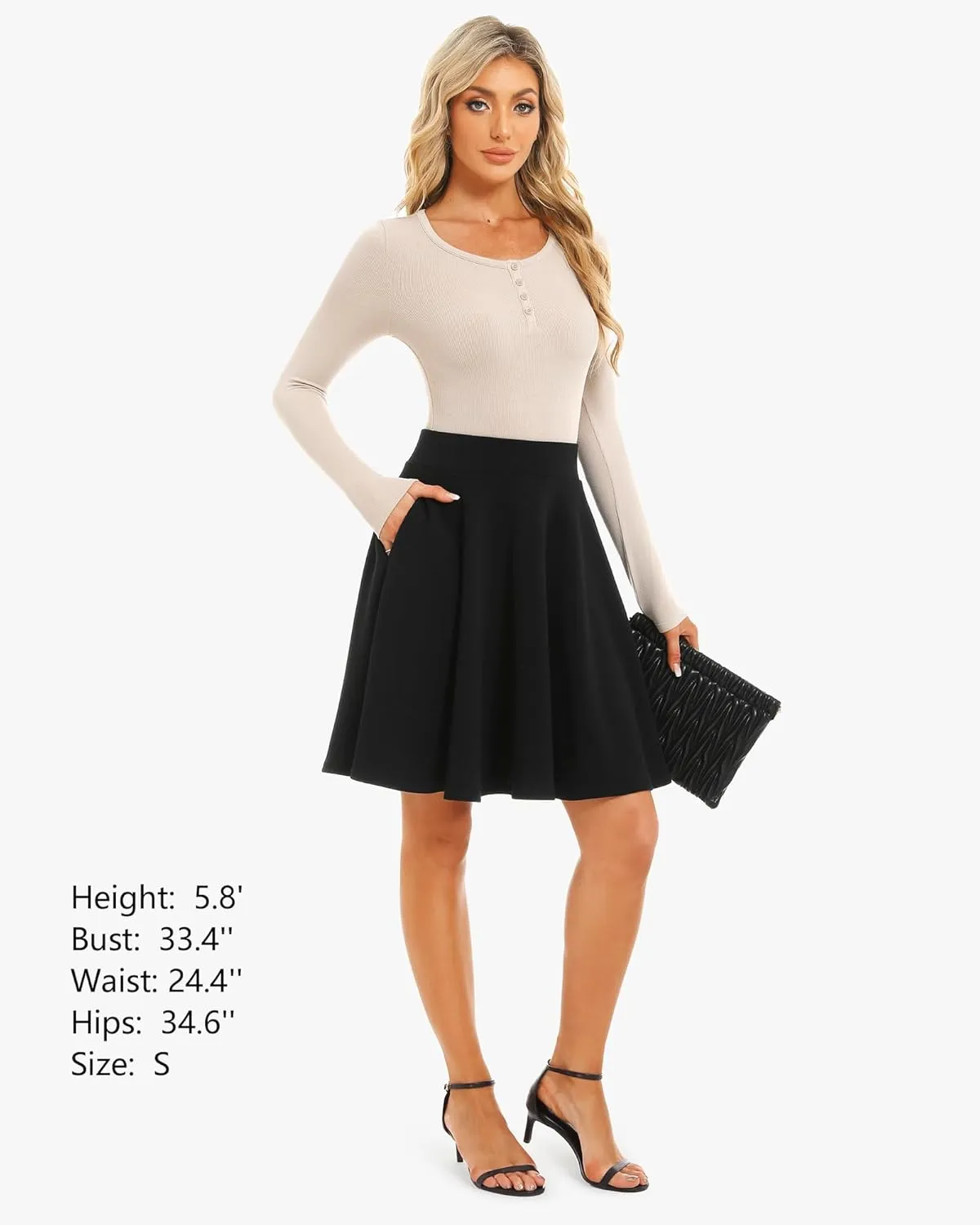 Stelle Women's 20" Knee Length Skirts with Pockets Casual Basic Midi Skirt Stretchy A-Line Skater Flared Pleated