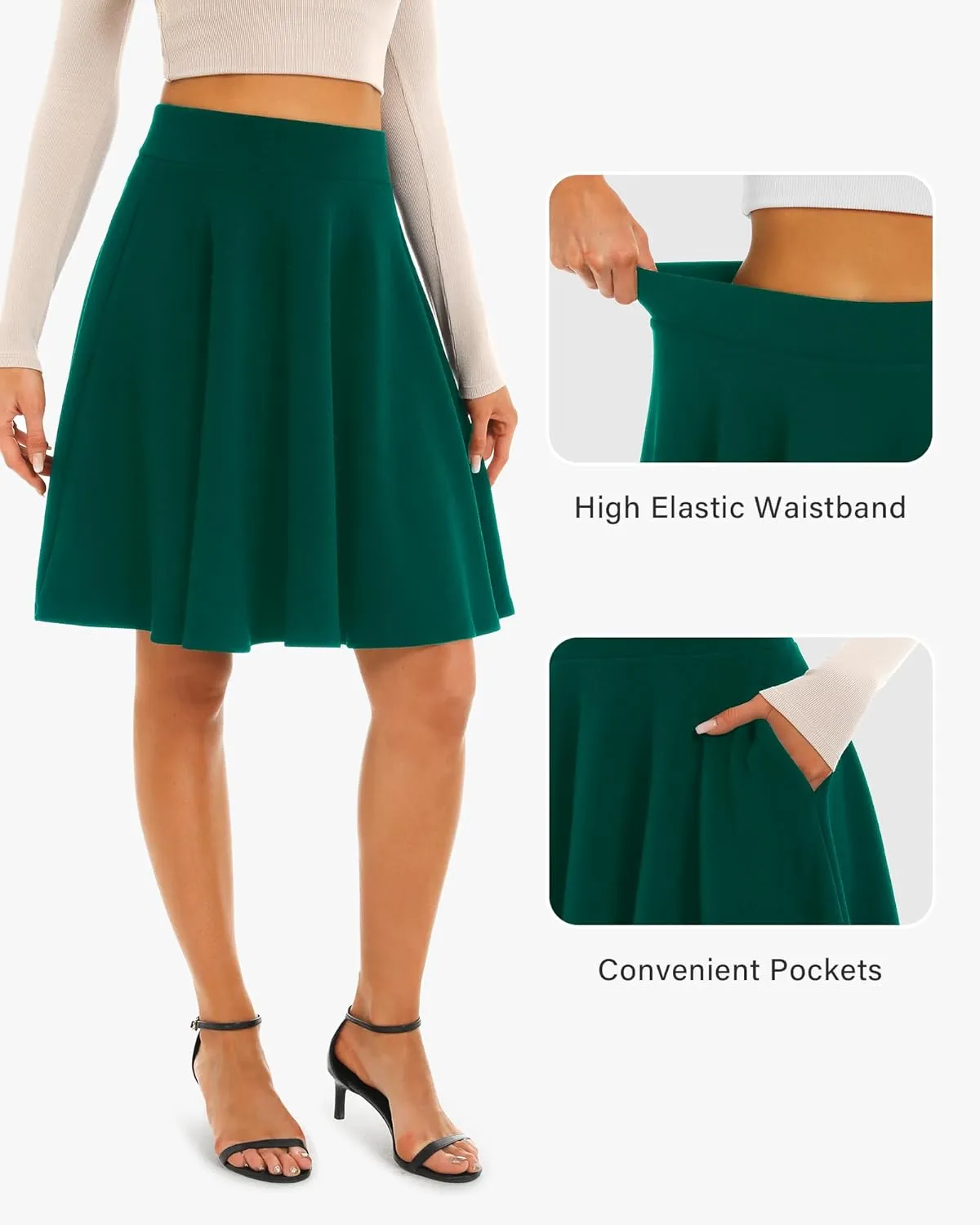 Stelle Women's 20" Knee Length Skirts with Pockets Casual Basic Midi Skirt Stretchy A-Line Skater Flared Pleated