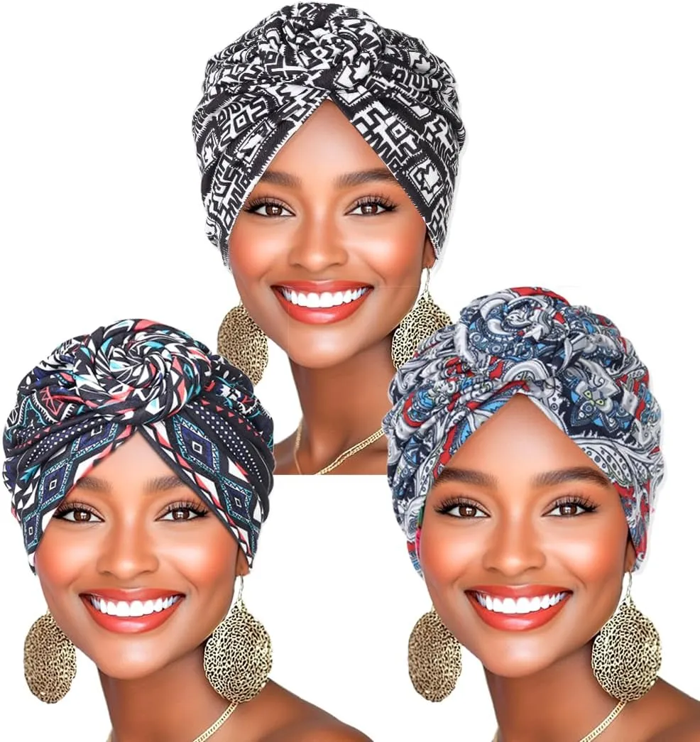 Urieo Pre-Tied Beanie Cap African Pattern Headwrap Printed Turban Head Wrap for Women Pack of 3