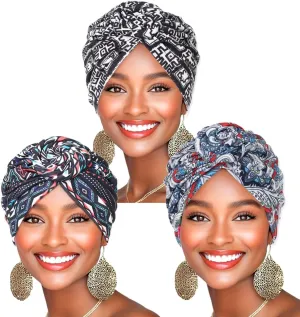 Urieo Pre-Tied Beanie Cap African Pattern Headwrap Printed Turban Head Wrap for Women Pack of 3