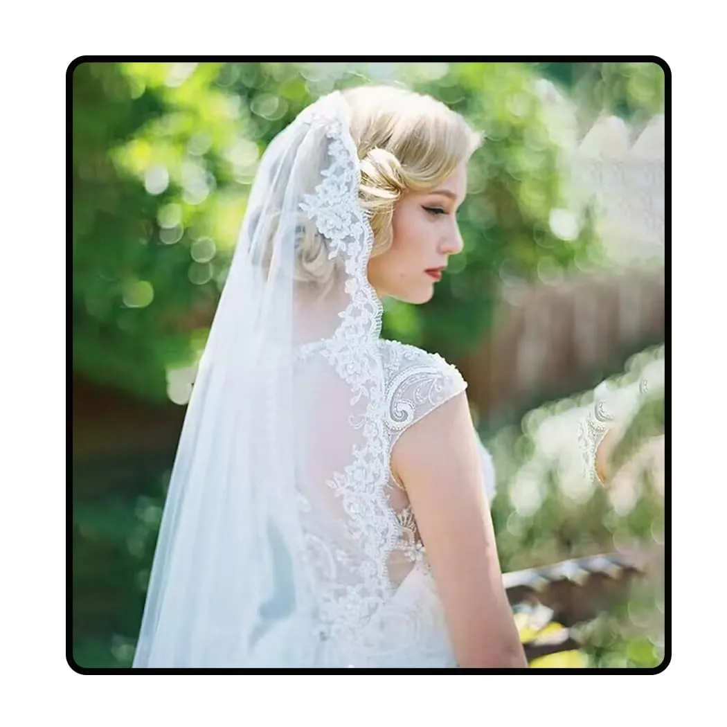 Ursumy Wedding Short Veil Lace Edge Veil Soft Tulle Bridal Veils with Comb (Ivory)
