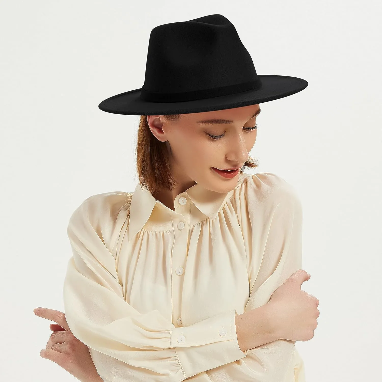 Wide Brim Fedora Hats for Women & Men Classic Dress Panama Hat Adjustable Felt Hat with Band