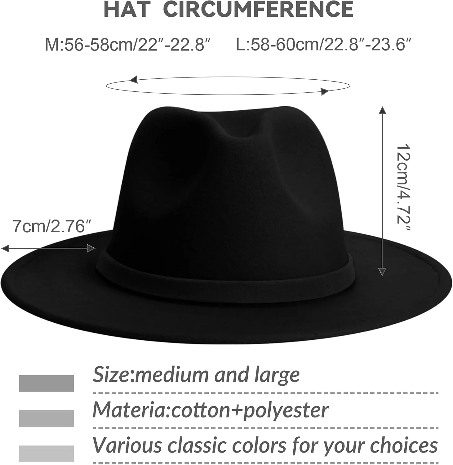 Wide Brim Fedora Hats for Women & Men Classic Dress Panama Hat Adjustable Felt Hat with Band