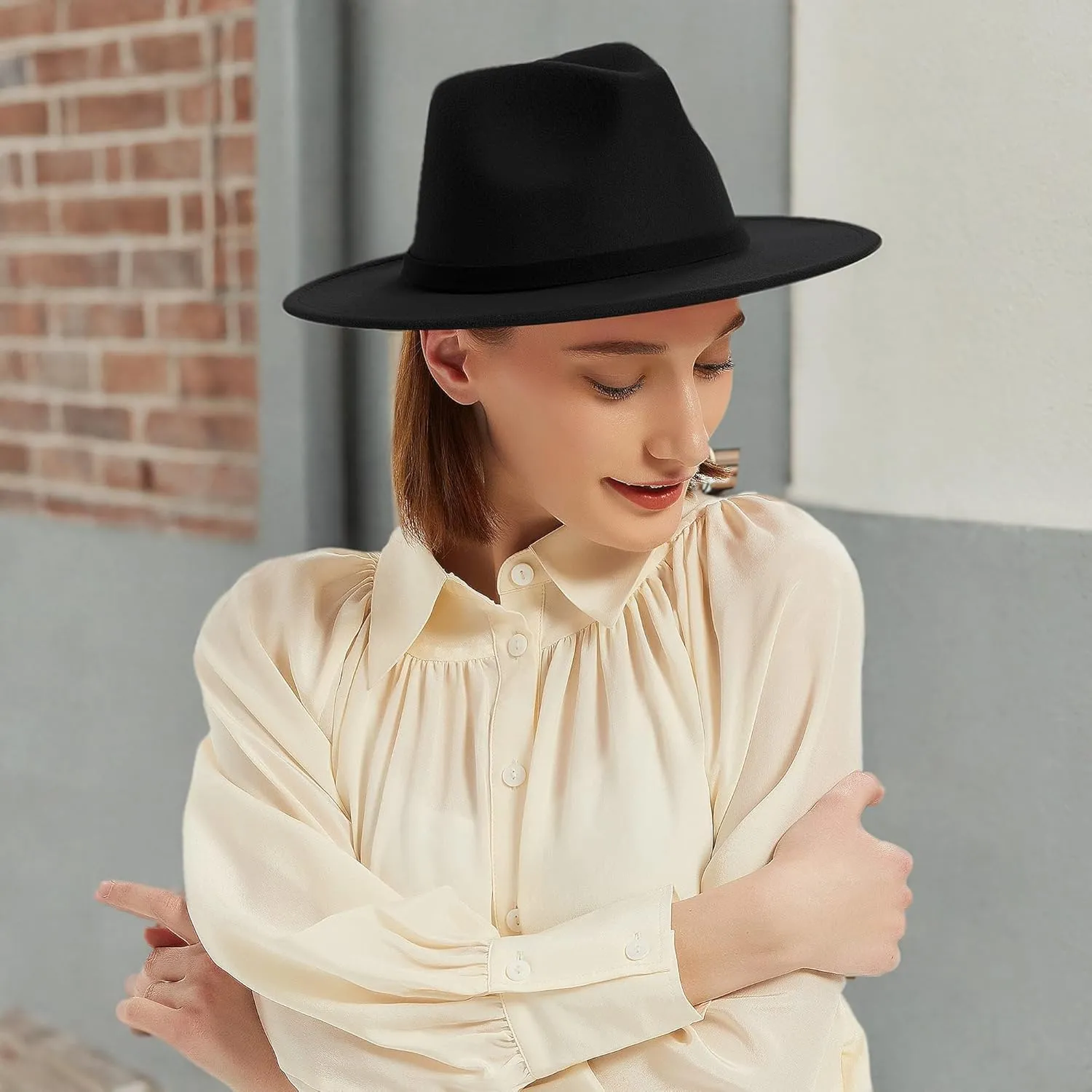 Wide Brim Fedora Hats for Women & Men Classic Dress Panama Hat Adjustable Felt Hat with Band
