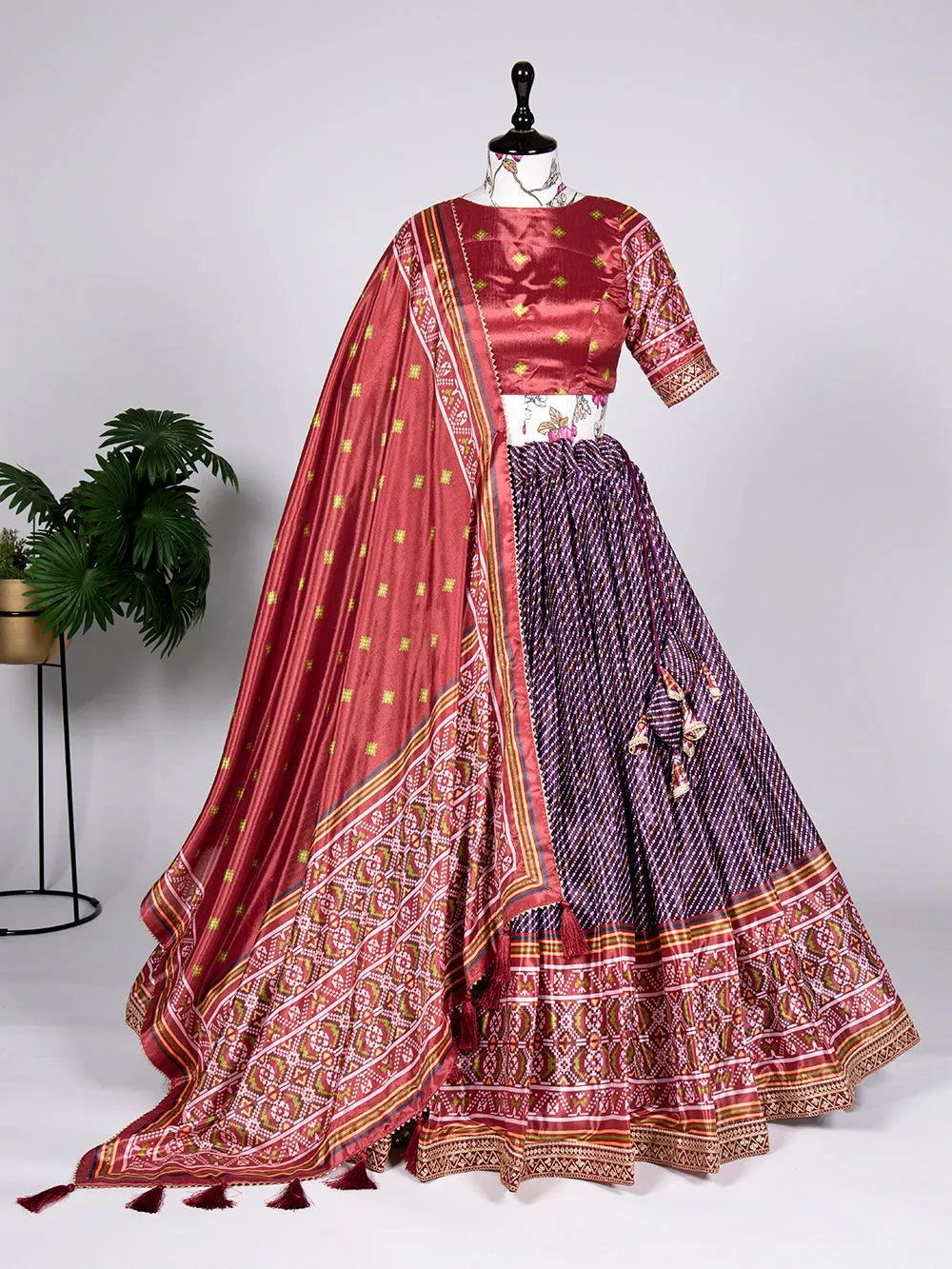 Wine Color Haydrabadi Patola Print and Sequins Embroidery Chinon Lehenga Choli