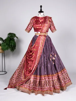 Wine Color Haydrabadi Patola Print and Sequins Embroidery Chinon Lehenga Choli