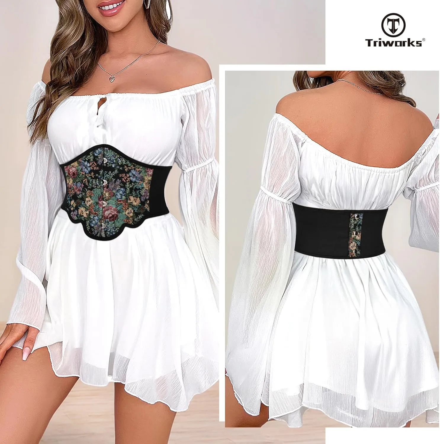 Women Elastic Corset Belt Renaissance Floral Printed Underbust Corset Wide Costume Stretch Waist Belt