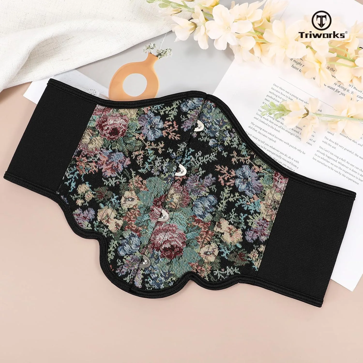 Women Elastic Corset Belt Renaissance Floral Printed Underbust Corset Wide Costume Stretch Waist Belt