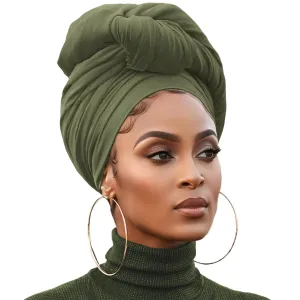 XTREND 1 Piece Stretch Head Wrap Jersey Turban Fashion Neck Sleeve Solid Color Extra Wide Turban Caps Soft Breathable African Headwrap for Women and Men (Army green)