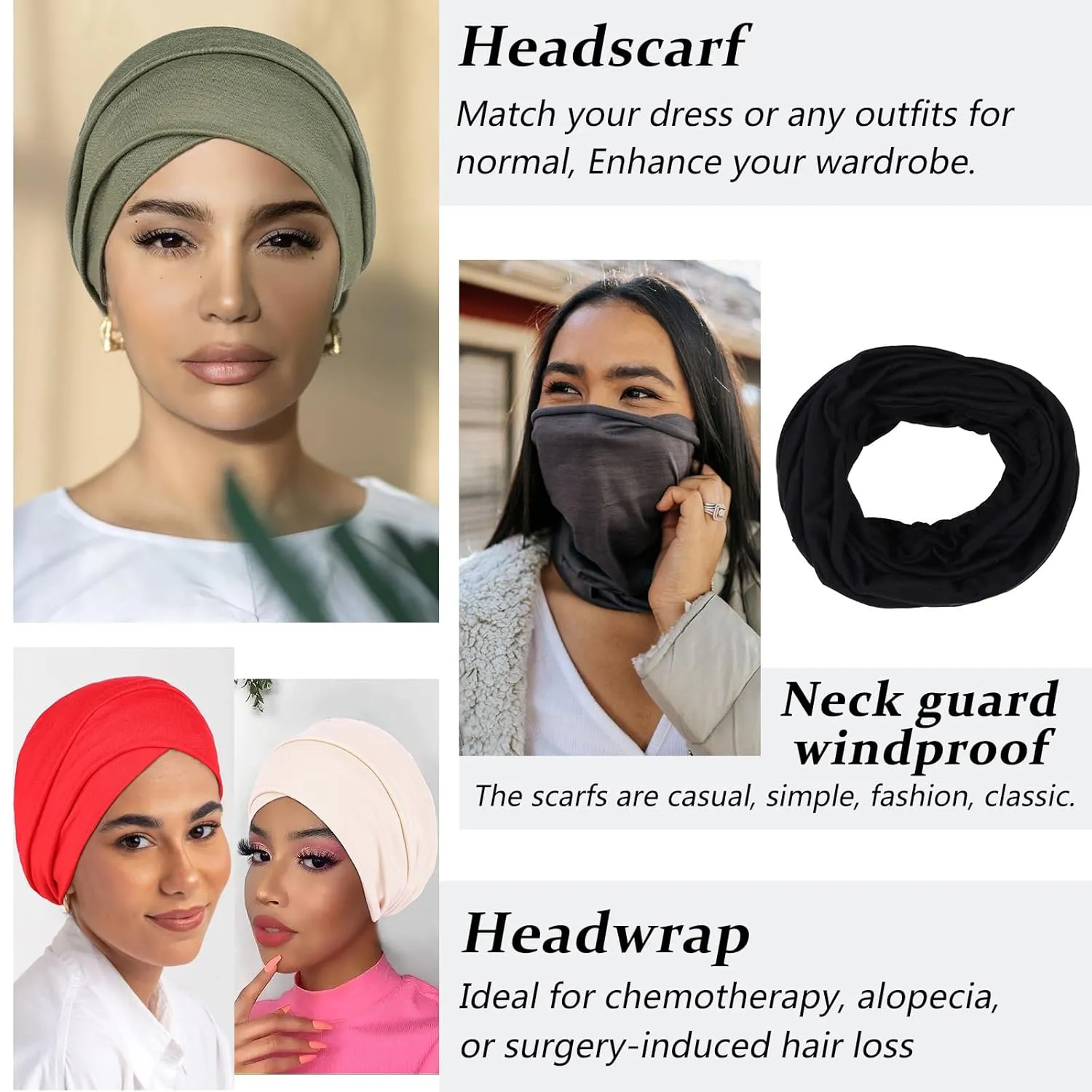 XTREND 1 Piece Stretch Head Wrap Jersey Turban Fashion Neck Sleeve Solid Color Extra Wide Turban Caps Soft Breathable African Headwrap for Women and Men (Army green)