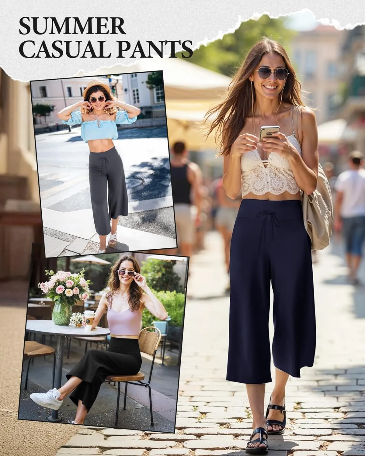 ZOOSIXX Soft Black Pajama Pants for Women, Wide Leg Comfy Casual Lounge Yoga Capri Pants 22'' / 30''