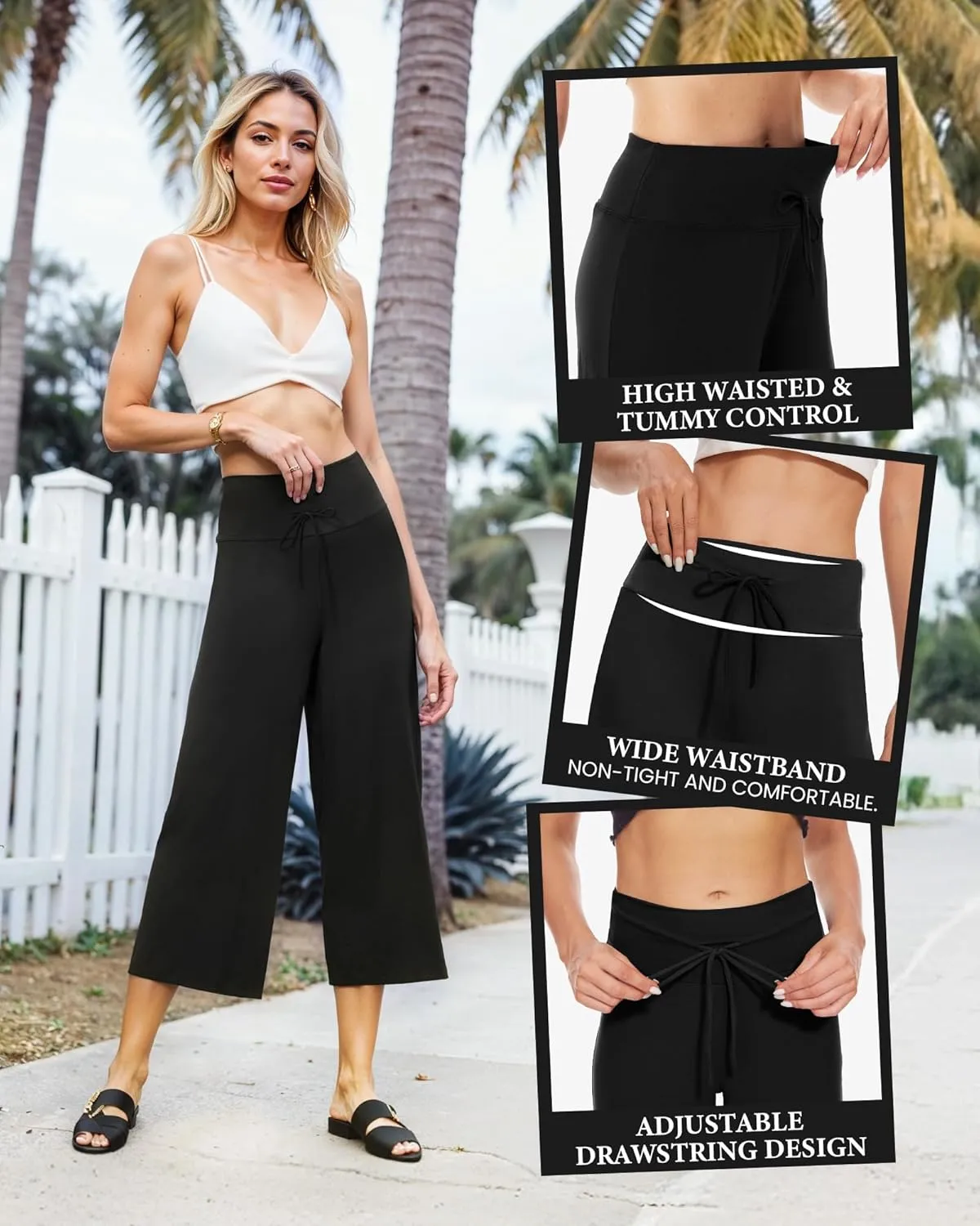 ZOOSIXX Soft Black Pajama Pants for Women, Wide Leg Comfy Casual Lounge Yoga Capri Pants 22'' / 30''