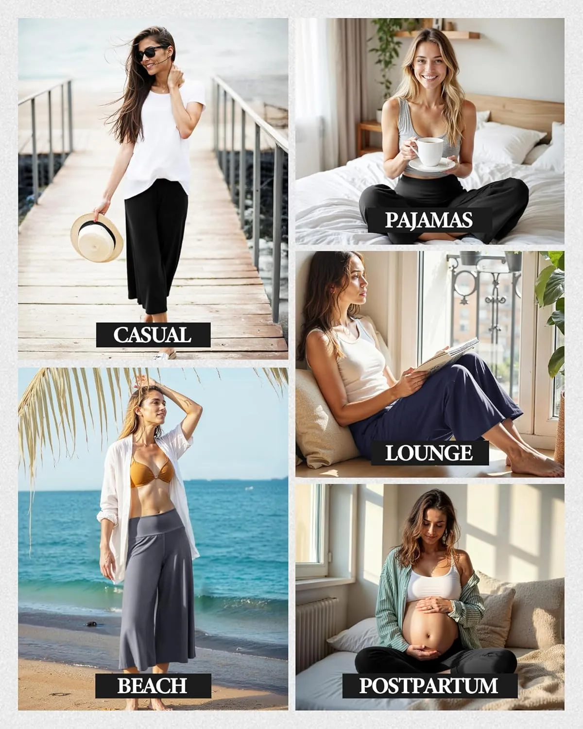ZOOSIXX Soft Black Pajama Pants for Women, Wide Leg Comfy Casual Lounge Yoga Capri Pants 22'' / 30''