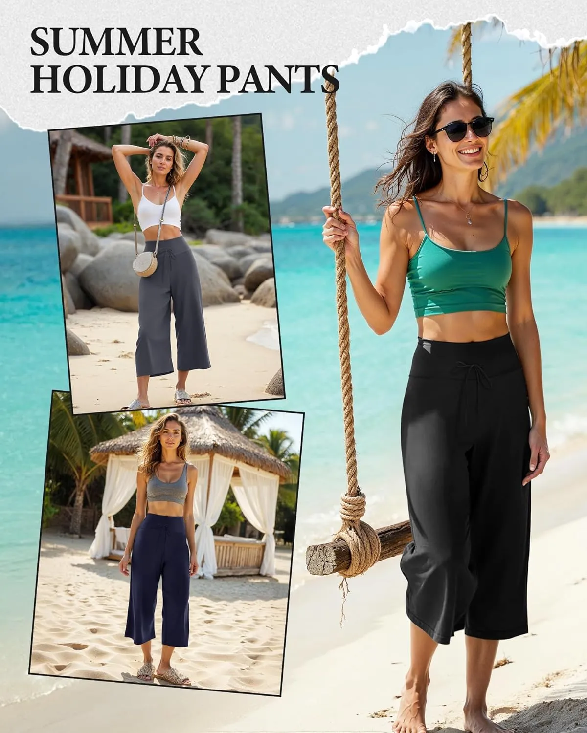 ZOOSIXX Soft Black Pajama Pants for Women, Wide Leg Comfy Casual Lounge Yoga Capri Pants 22'' / 30''