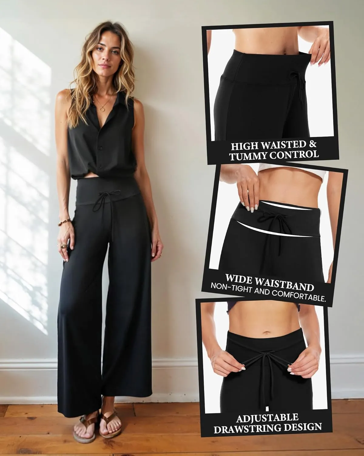 ZOOSIXX Soft Black Pajama Pants for Women, Wide Leg Comfy Casual Lounge Yoga Capri Pants 22'' / 30''